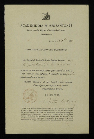BILLAUD (Victor), imprimeur et poète à Royan (1852-1936) : 13 lettres.