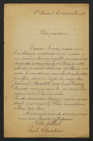 CHATELAIN-BERTRON (Louis), filleul d'Achille Millien, enfant assisté de la Seine placé à Beaumont-la-Ferrière, domestique puis employé aux Postes, Léonie et Paul, sa femme et son fils, à Devay et à Saint-Laurent (Nièvre) : 56 lettres.