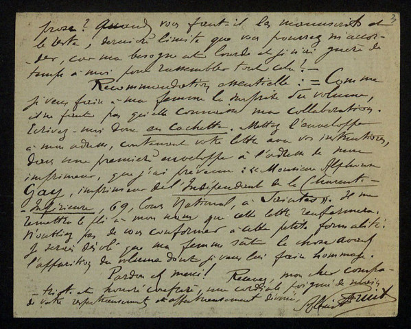 FRUIT (Alexis), sous-préfet à Segré (Maine-et-Loire) : 7 lettres, 1 carte postale illustrée, manuscrits.