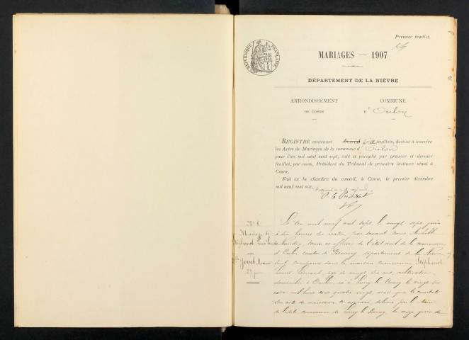 Oulon : actes d'état civil, table décennale.