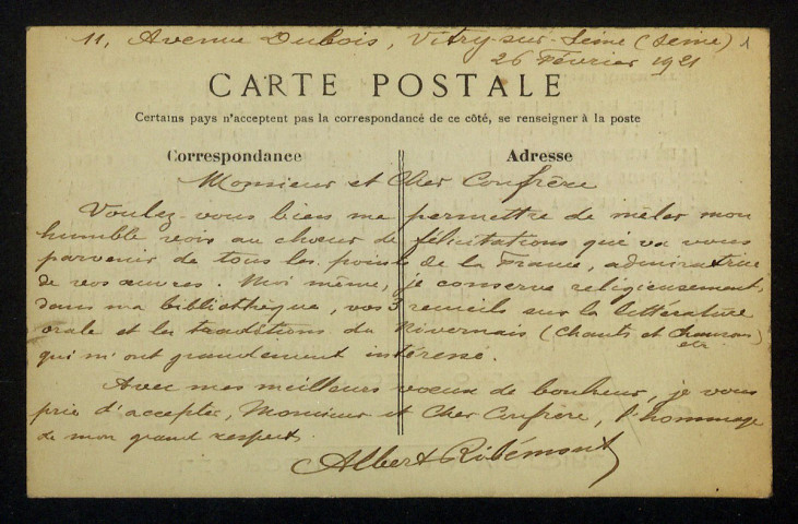 RIBEMONT (Albert), poète à Vitry-sur-Seine (Val-de-Marne) : 1 lettre.