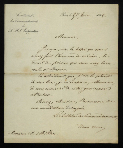 DAMAS-HINARD (Jean), secrétaire des Commandements de l'Impératrice (1805-1891) : 3 lettres.