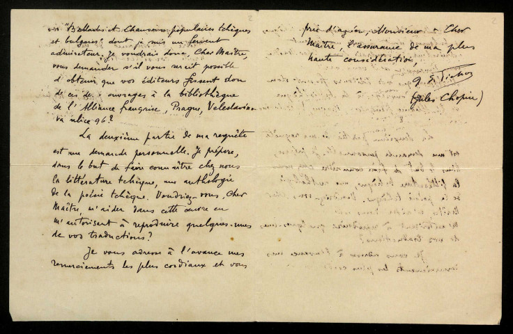 PICHON (Jules), dit Jules Chopin, poète à Prague (Tchécoslovaquie) (né en 1880) : 2 lettres.