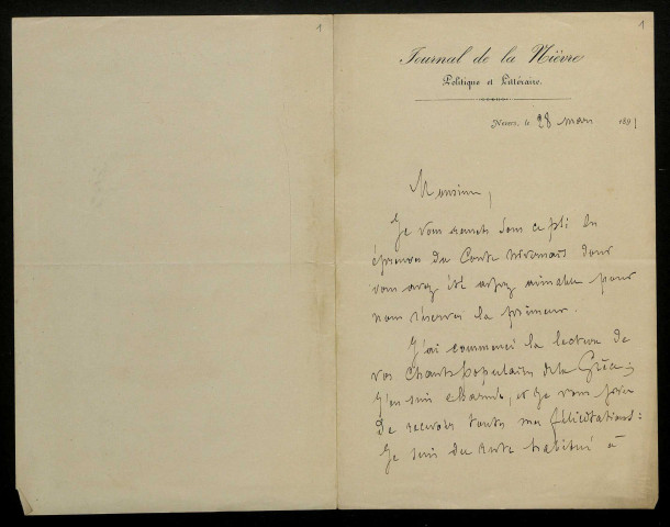 HERVET (Émile), critique au Journal de la Nièvre à Nevers : 5 lettres.