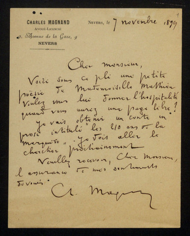 MAGNAND (Charles), avoué à Nevers (1864-1929) : 2 lettres.