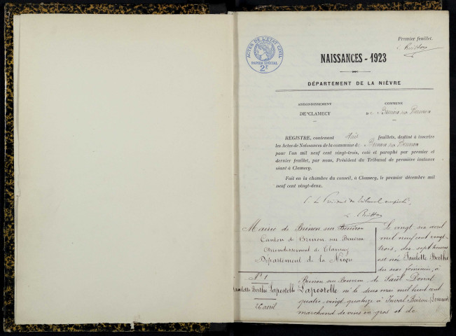 Brinon-sur-Beuvron : actes d'état civil.