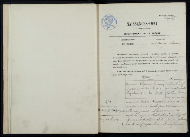 Saint-Germain-Chassenay : actes d'état civil.