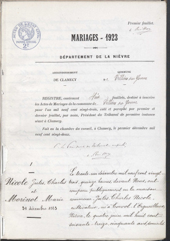 Villiers-sur-Yonne : actes d'état civil.