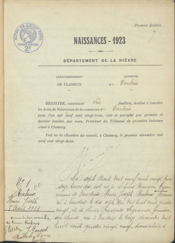 Vauclaix : actes d'état civil.