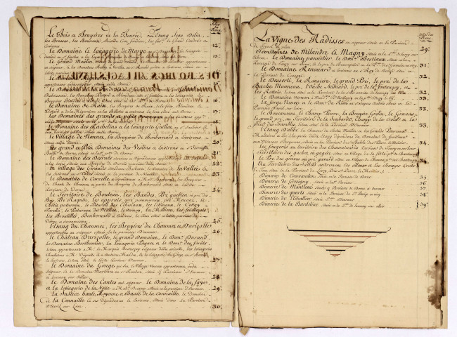 Plans géométraux du bailliage, terre, justice et seigneurie de Dornes, et dépendances : atlas terrier.