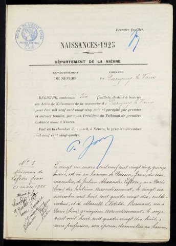 Parigny-les-Vaux : actes d'état civil.