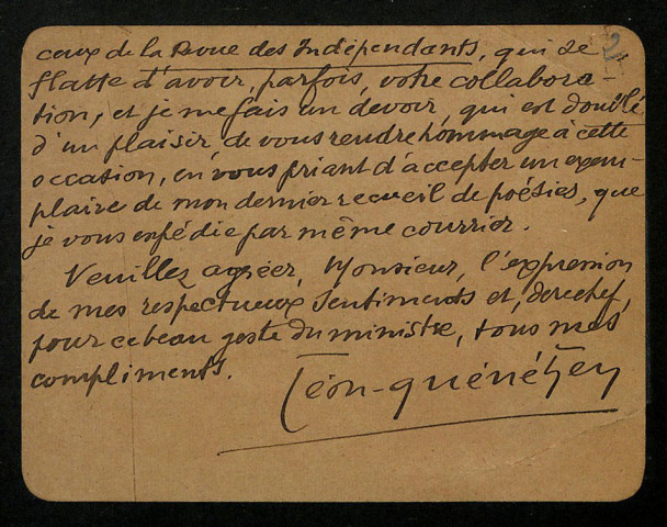 REISER (Auguste), dit Léon Quénéhen, poète : 1 lettre.