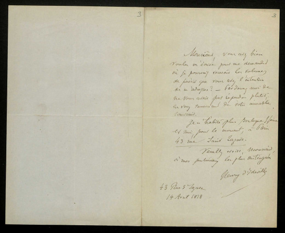 IDEVILLE (Henry, comte d'), critique (1830-1887) : 3 lettres.