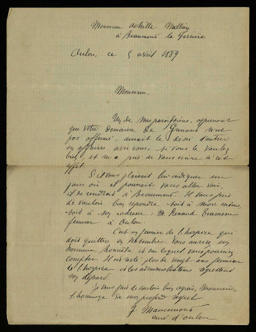 MAUCOURANT (François), curé d'Oulon (Nièvre) (né en 1861) : 1 lettre.