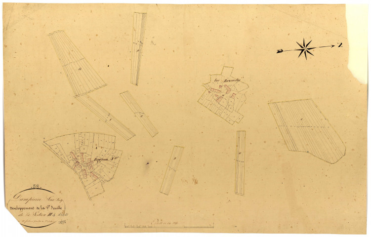 Dampierre-sous-Bouhy, cadastre ancien : plan parcellaire de la section H dite de Rognon, feuille 1, développement