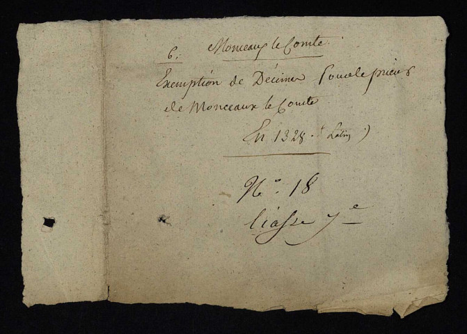 Impôts et taxes. - Décimes, exemption du prieuré de Monceaux-le-Comte : ordonnance avec marque sigillaire.