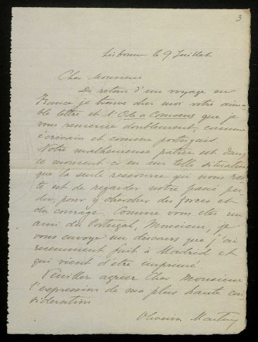 OLIVEIRA MARTINS (J. P. de), poète à Lisbonne (1845-1894) : 2 lettres.