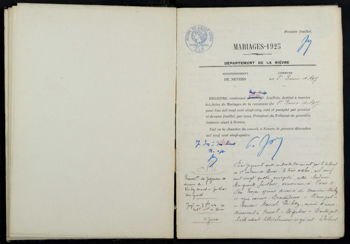 Saint-Benin-d'Azy : actes d'état civil (mariages).