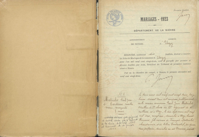 Urzy : actes d'état civil.