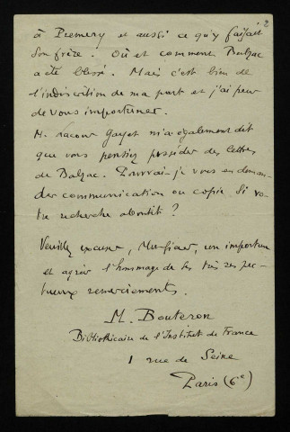 BOUTERON (Marcel), bibliothécaire de l'Institut de France (né en 1877) : 2 lettres.
