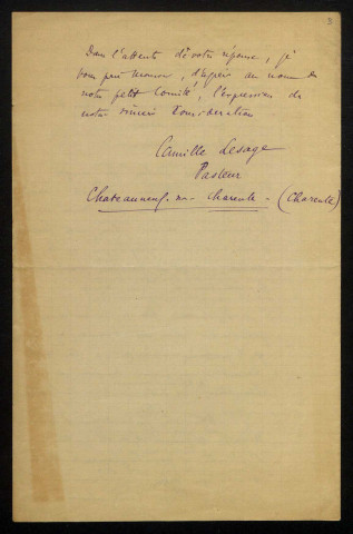 LESAGE (Camille), pasteur à Châteauneuf-sur-Charente (Charente) : 2 lettres.
