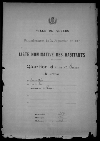 Nevers, Quartier de la Barre, 10e section : recensement de 1921