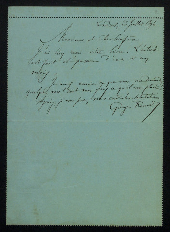 RENARD (Georges), écrivain et critique à Londres (1847-1930) : 1 lettre, manuscrit.
