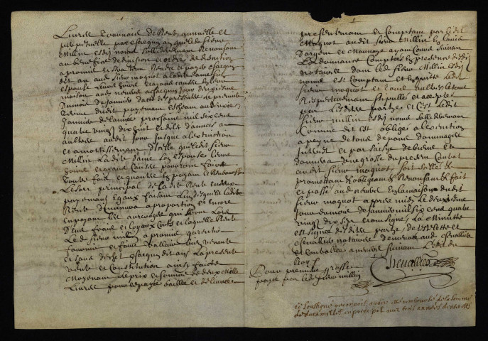Contentieux (procédure civile). - Rente personnelle Millin fauconnier du roi contre Moquot seigneur d'Agnon (commune de Saint-Pierre-le-Moûtier) et avocat à Nevers : copie du contrat de vente du 2 janvier 1697.