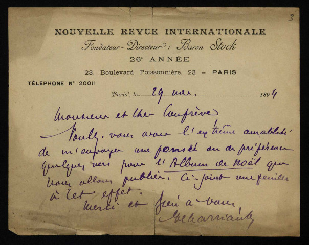 CHARRIAUT (Henri), critique à la Nouvelle Revue Internationale : 11 lettres.