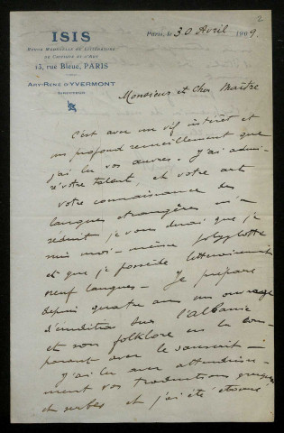 PARTHENIS (A. N.), dit Ary-René d'Yvermont, publiciste et poète : 1 lettre.