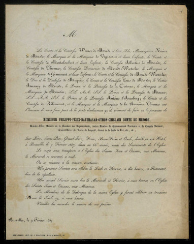 MERODE (comte de), à Bruxelles (1791-1857) : 1 avis de décès.