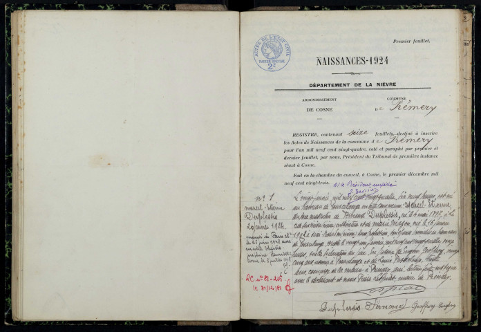 Prémery : actes d'état civil.