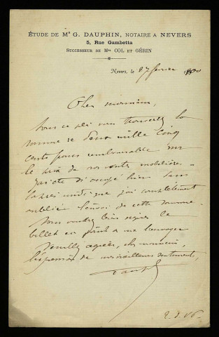 DAUPHIN (Gilbert), notaire à Nevers (décédé en 1923) : 16 lettres.