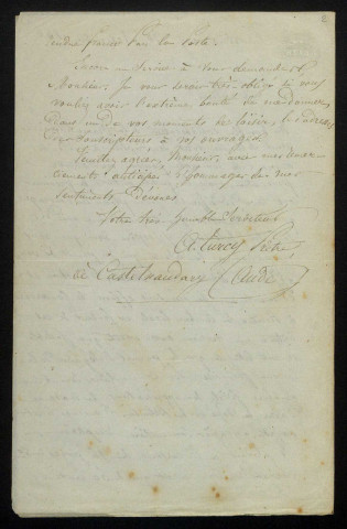 TURCY (A.), poète et curé de Castelnaudary (Aude) : 1 lettre.