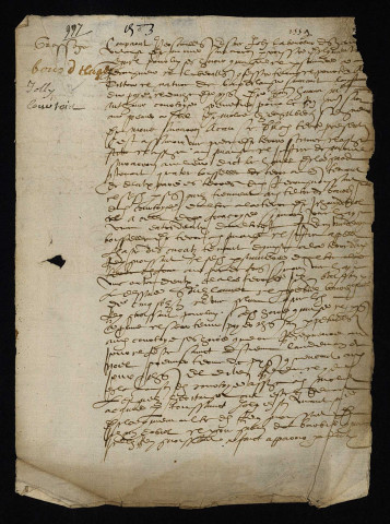 Biens et droits. - Foncier au lieu dit haut de la garde en la justice de Mont-sur-Aron (commune de Limanton), amodiation à Joly par Antoine Courtois grenetier au grenier à sel de Moulins-Engilbert : bail à bourdelage.