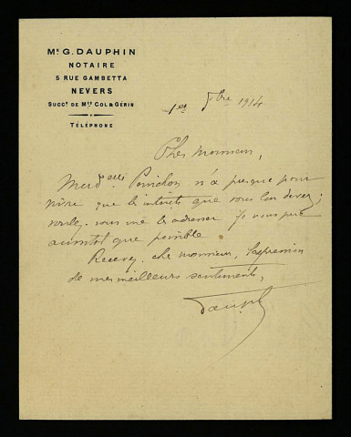 DAUPHIN (Gilbert), notaire à Nevers (décédé en 1923) : 16 lettres.