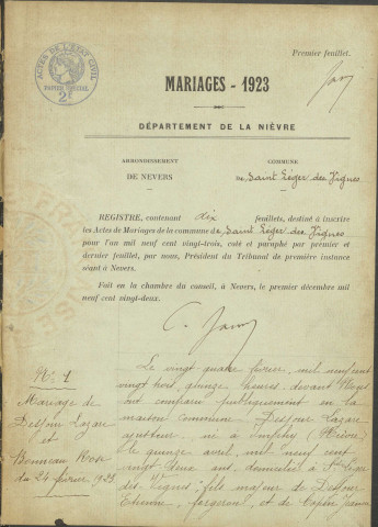 Saint-Léger-des-Vignes : actes d'état civil (mariages).