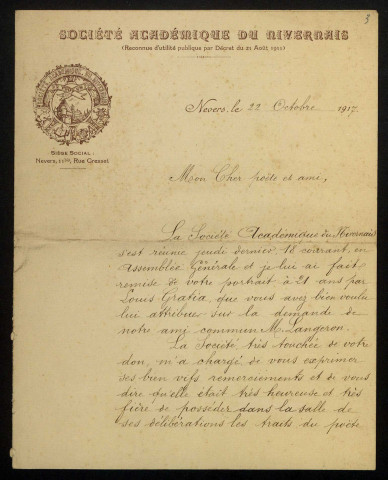 GUENEAU (Victor), membre de la Société académique du Nivernais (1835-1919) : 3 lettres.