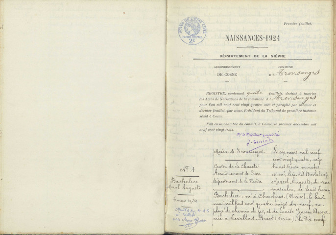 Tronsanges : actes d'état civil.