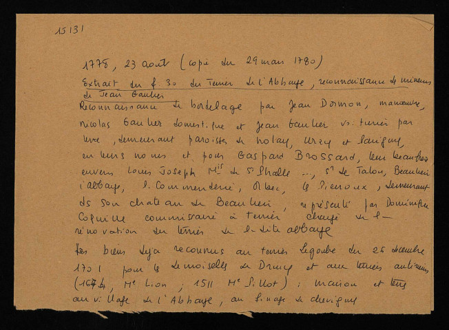 Bail à bordelage à Nolay, par la famille Gaulier au profit de la famille de Druy : reconnaissances extraites du terrier.