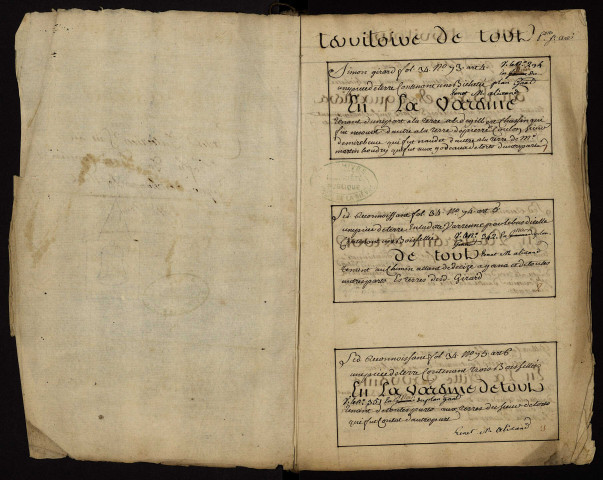 Tenures personnelles à Decize et ses environs : copie du terrier figuratif de 1612 avec tables nominatives, tables des lieux et dessin parcellaire.