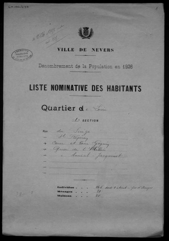 Nevers, Quartier de Loire, 1re section : recensement de 1926
