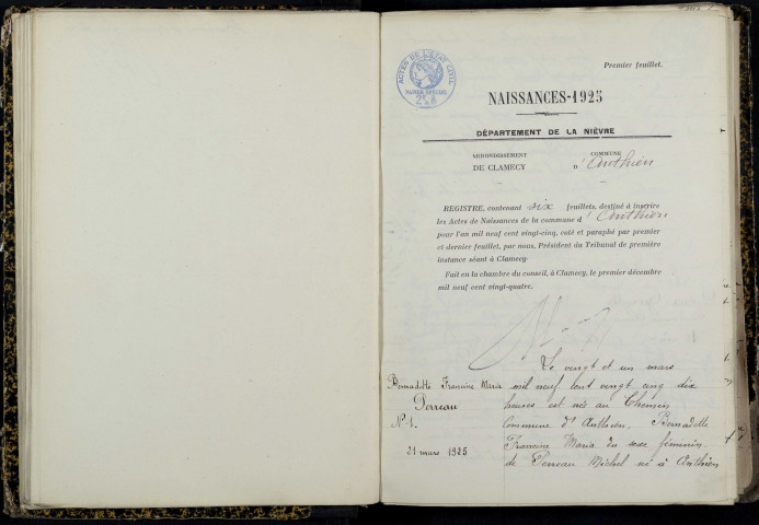 Anthien : actes d'état civil.