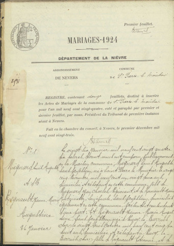 Saint-Pierre-le-Moûtier : actes d'état civil (mariages).