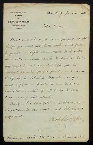 LÉVY (Michel), libraire éditeur (1821-1875) : 3 lettres.