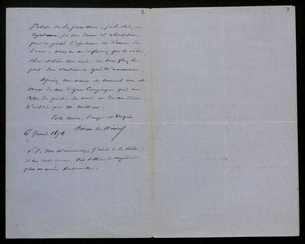 KINNER, (Louis Félix Aulard, baron de), poète : 2 lettres, manuscrit.