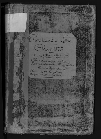 Bureau de Cosne, classe 1873 : fiches matricules (Cher) n° 1148 à 1845 ; (Nièvre) n° 1414 à 2610