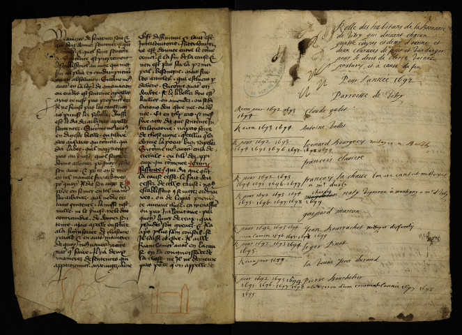 Recueil de lièves terrier. - « Rolle des habitans de la baronnie de Vitry qui doivent chacun [an] quatre coupes et demy d'aveine et deux courvées de fener et vandanger pour le droit de blerie, vaines pastures et à cause du feu, pour l'année 1692. »