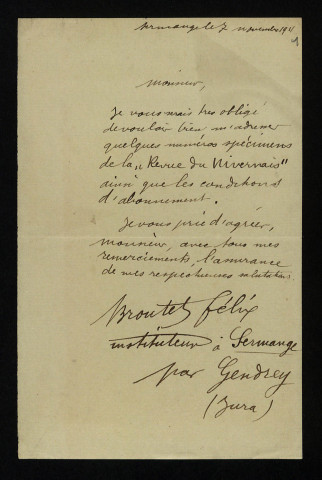BROUTET (Félix), instituteur à Sermange (Jura) : 1 lettre.