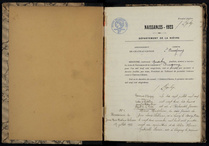 Ougny : actes d'état civil.